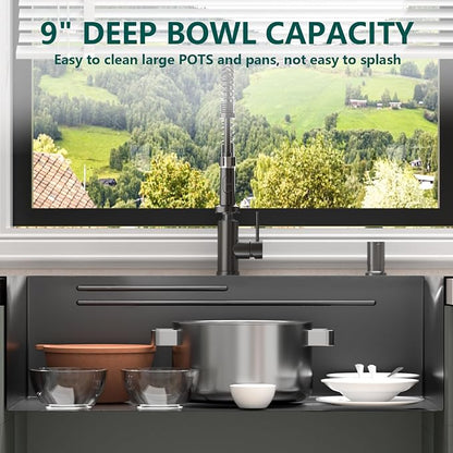 Black Drop-In Kitchen Sink:30in Stainless Single Bowl Sink &Accessories | Spacious 30-Inch Workstation Sink with 7-in-1 Accessory Set, Designed for Large Families