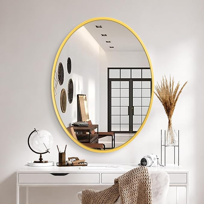 32x24 Gold Oval Bathroom Mirror for Over Sink, Aluminum Frame | HD Reflection No Distortion, Aluminum Frame, Mounting Hardware for Vertical or Horizontal Mount