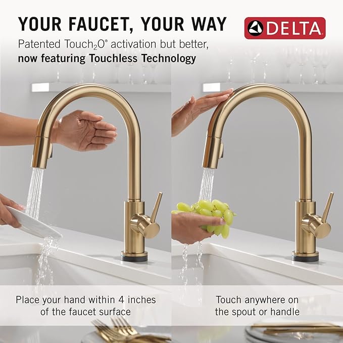 Delta Faucet Trinsic Touch Kitchen Faucet with Touchless Technology, Kitchen Faucet with Pull Down Sprayer, Gold Kitchen Sink Faucet, Touchless Kitchen Faucet, Champagne Bronze 9159TL-CZ-DST