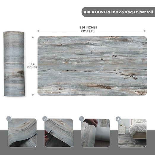 Wood Grain Peel and Stick Floor Tiles, 11.8" W × 394" L, Tide‑Washed | Soft wood‑look finish, Good for renters and DIY users, Non‑slip texture, Waterproof, Budget‑friendly option, Easy to use