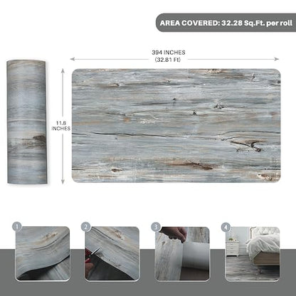 Wood Grain Peel and Stick Floor Tiles, 11.8" W × 394" L, Tide‑Washed | Soft wood‑look finish, Good for renters and DIY users, Non‑slip texture, Waterproof, Budget‑friendly option, Easy to use