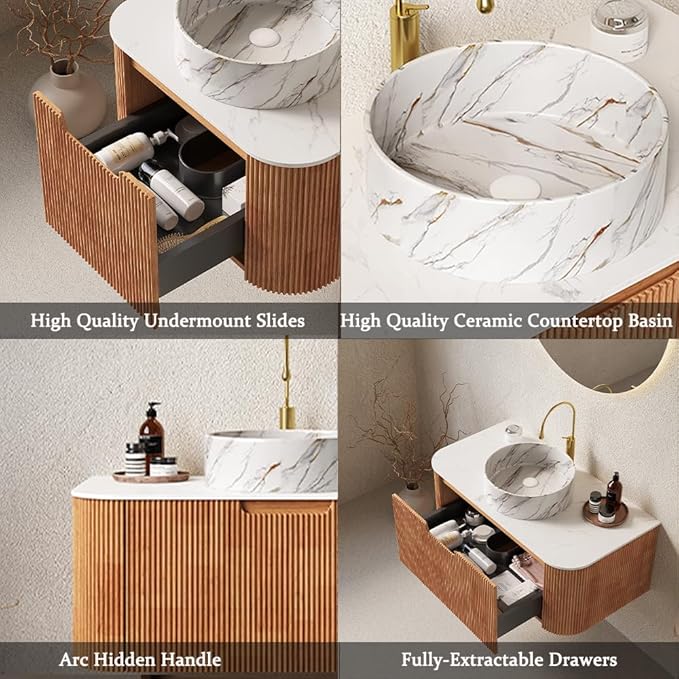 24'' Bathroom Vanities Cabinet with Sink Combo, Wall Mounted Floating Cabinet W/Curved Edges Stripes, Oak Plywood, Soft-close System with a Drawer, White Round Ceramic Basin - Kiel, Natural Wood/S