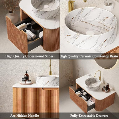 24'' Bathroom Vanities Cabinet with Sink Combo, Wall Mounted Floating Cabinet W/Curved Edges Stripes, Oak Plywood, Soft-close System with a Drawer, White Round Ceramic Basin - Kiel, Natural Wood/S