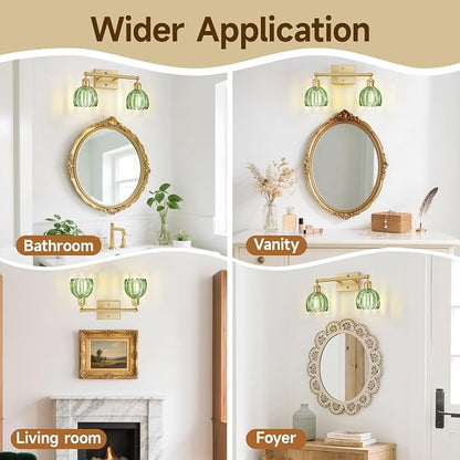 Bathroom Lights Over Mirror,2-Light Vintage Vanity Light Fixtures,Retro Brass Bathroom Light, Flower Wall Sconce With Green Tulip Glass Shade For Bedroom, Living Room, Dressing Table, E26 Base