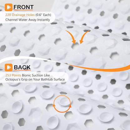 Yimobra Bathtub Mat Non Slip, 34.5"X15.5" Long Shower Mat for Inside Shower, Machine Washable Bath Mat with Drain Holes & Strong Suction Cups, Soft on Feet, Bathroom Essentials, White