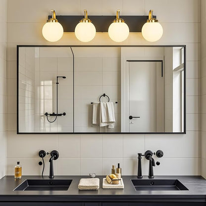 4-Light Bathroom Vanity Light Fixtures Sand Black Gold Vanity Lights Over Mirror Modern Wall Sconce with Milk White Glass Globe Lampshade for Lving Room Dining Room Corridor Powder Room