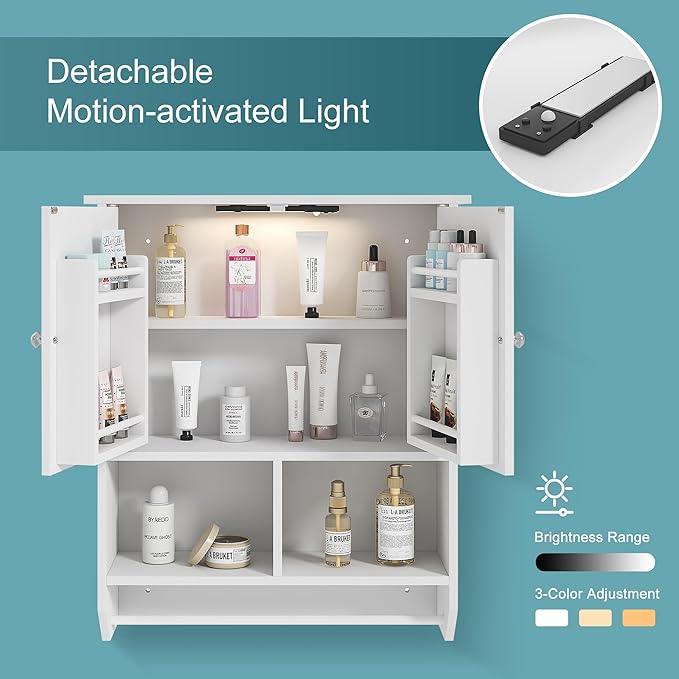 VECELO Bathroom Wall Cabinet with LED Light, Wall Mounted Medicine Cabinet with Open and Hidden Storage Space and Towel Bar for Bathroom, Kitchen, Laundry Room, White
