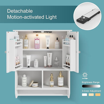 VECELO Bathroom Wall Cabinet with LED Light, Wall Mounted Medicine Cabinet with Open and Hidden Storage Space and Towel Bar for Bathroom, Kitchen, Laundry Room, White