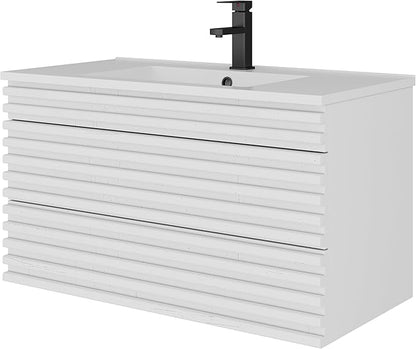 LUCKWIND 36" Floating Bathroom Vanity with Sink, Mid-Century Wall Mounted Big Drawer Cabinet with Large Sink, Water Saving Faucet and Wood Stripes Style, White