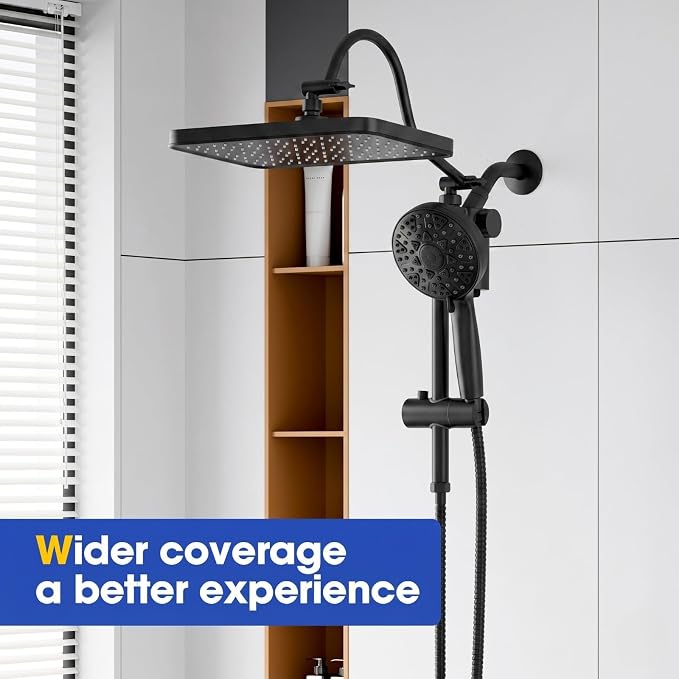 12" Filtered Shower Head with Handheld Rain Shower Head with Filters | Shower Filter Head for Hard Water,High Pressure,Dual Rainfall Shower Heads with Adjustable Extension Arm & Slide Bar,Black