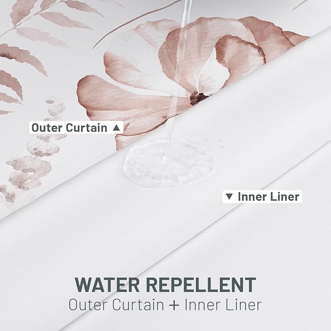 No Hook Floral Shower Curtain with Liner, Blush, 71x74 | Snap in Liner, 3 in 1, Water Repellent, Easy Install, Machine Washable, Hotel Style for Bathroom, Watercolor Pattern