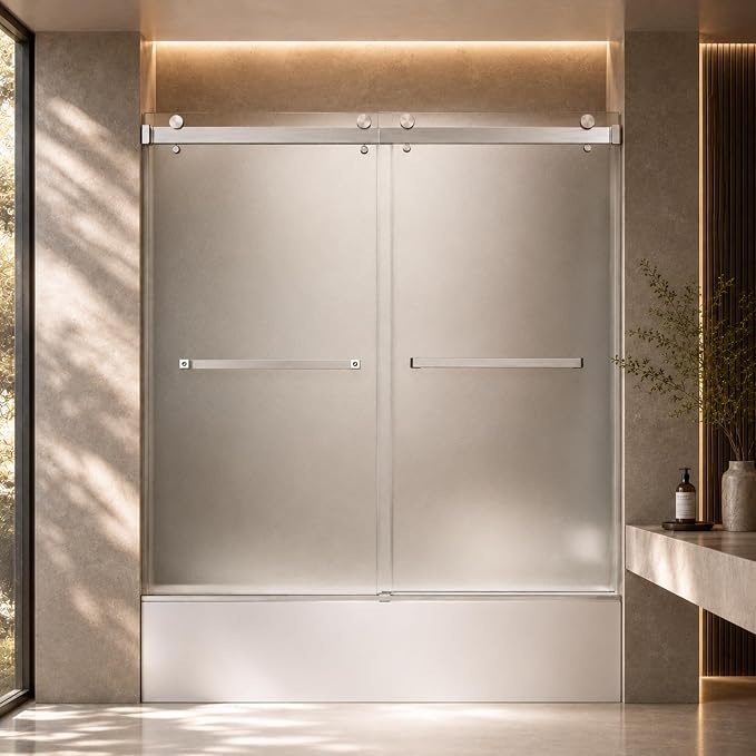 Frosted Sliding Shower Door for Bathtub, 56-60" W x 60" H-1/4” (6mm), Frosted Glass Shower Door with 4" Left Adjustable Width, 304 Stainless Steel Hardware, Bottom Water Seal, Brushed Nickel