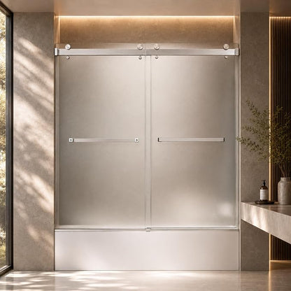 Frosted Sliding Shower Door for Bathtub, 56-60" W x 60" H-1/4” (6mm), Frosted Glass Shower Door with 4" Left Adjustable Width, 304 Stainless Steel Hardware, Bottom Water Seal, Brushed Nickel