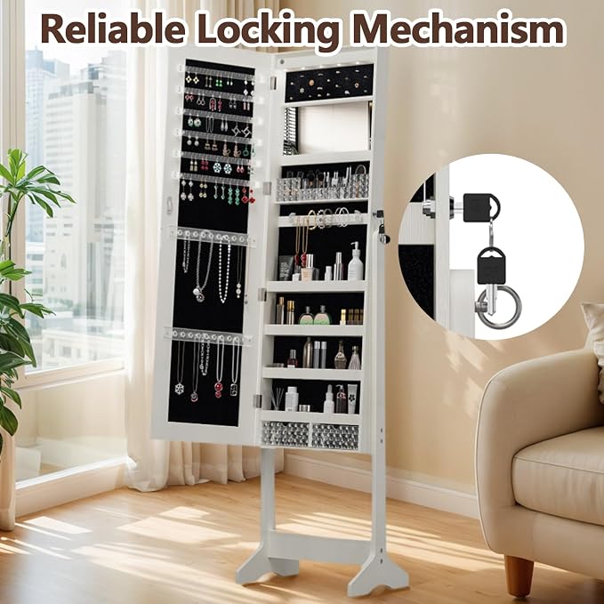 HRVEOCEI LED Mirror Jewelry Cabinet Standing, 63inch Lockable Jewelry Armoire Cabinet Standing with Storage Shelves, Full Length Mirror with Storage for Woman Girl Gift (63Inch White)