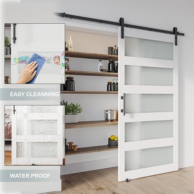 42'' x 84'' Glass Barn Door and 7Ft Hardware Kit Included, White | MDF White Barn Door Slab with Frosted Glass, PVC Surface, Combined with Handle and Floor Guide-Assembly Required