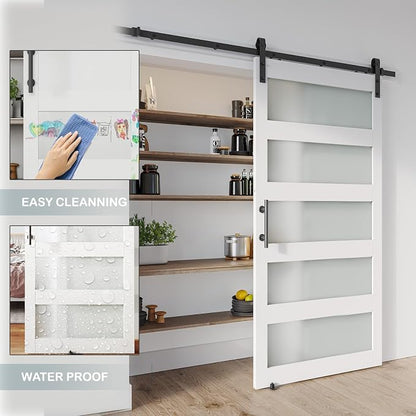 42'' x 84'' Glass Barn Door and 7Ft Hardware Kit Included, White | MDF White Barn Door Slab with Frosted Glass, PVC Surface, Combined with Handle and Floor Guide-Assembly Required