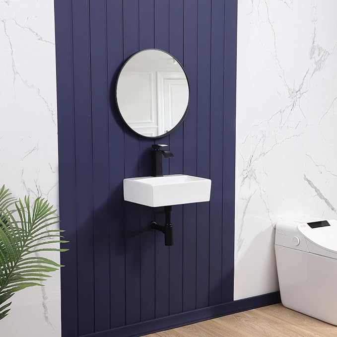 Wall Mount Bathroom Vessel Sink 15"x12" Rectangular Floating White Porcelain Ceramic Wall Hung Vanity Basin Sink for Home,RV,Bathroom