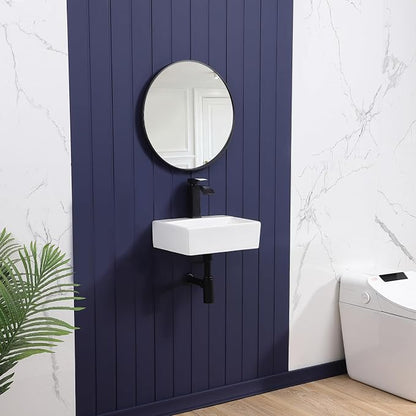 Wall Mount Bathroom Vessel Sink 15"x12" Rectangular Floating White Porcelain Ceramic Wall Hung Vanity Basin Sink for Home,RV,Bathroom