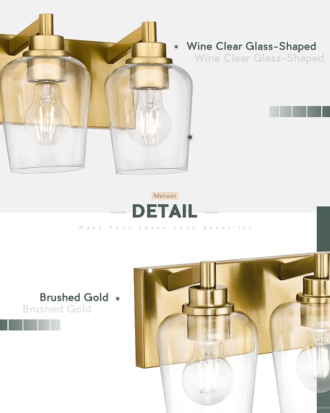 4-Light Brushed Gold Bathroom Vanity Light, Wine Clear Glass Shades | 25.4" modern bathroom light fixtures over mirror, E26 base, bulbs not included, VL155-BG-4