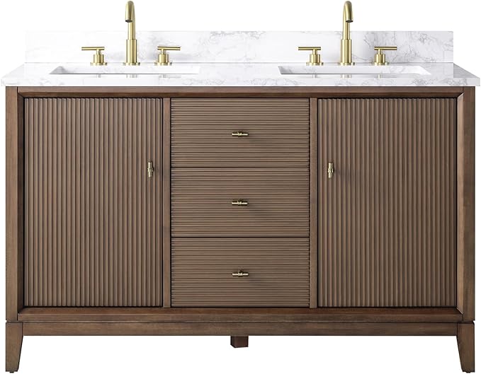 Vanity Art 54" Bathroom Vanity with Double Sink & Arabescato White Engineered Stone Top, Vanity Cabinet with Soft Closing Door, Solid Wood Frame, Golden Brushed Handles, Walnut VA8154D-Walnut-GB