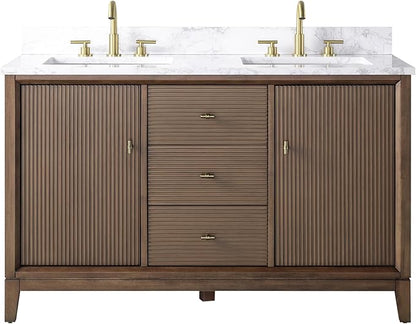 Vanity Art 54" Bathroom Vanity with Double Sink & Arabescato White Engineered Stone Top, Vanity Cabinet with Soft Closing Door, Solid Wood Frame, Golden Brushed Handles, Walnut VA8154D-Walnut-GB
