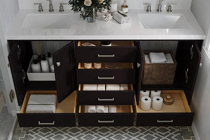 ARIEL Cambridge 66-inch Bathroom Vanity with Sink,Solid Wood, 1.5-inch Pure White Quartz Countertop, Double Rectangular Porcelain Sink, 4 Soft Closing Doors, 6 Dovetail Drawers, Espresso