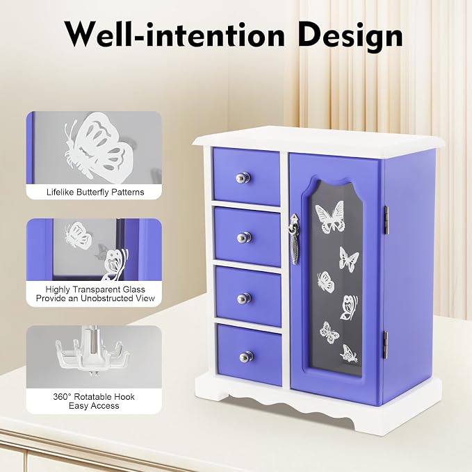 Vintage Wood Jewelry Box with 4 Drawers, Desktop Jewelry Organizer with Glass Door & Mirror, Necklace Ring Storage Display Case Built-in Necklace Carousel, Brown (Purple, 4 Drawers)