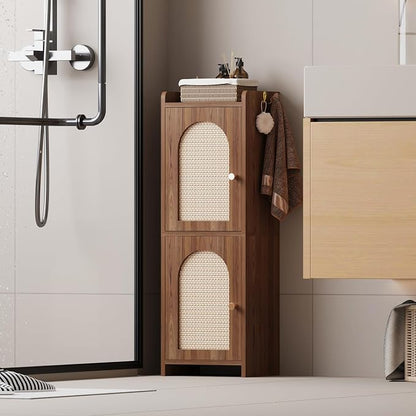 Arbuxzuy Rattan Bathroom Storage Cabinet with 2 Doors and Adjustable Shelf | Brown Corner Floor Cabinet, Narrow Toilet Paper Cabinets with 2Hooks,Toilet Organizer for Small Spaces, 7.87"D*9.84"W*29.72"H