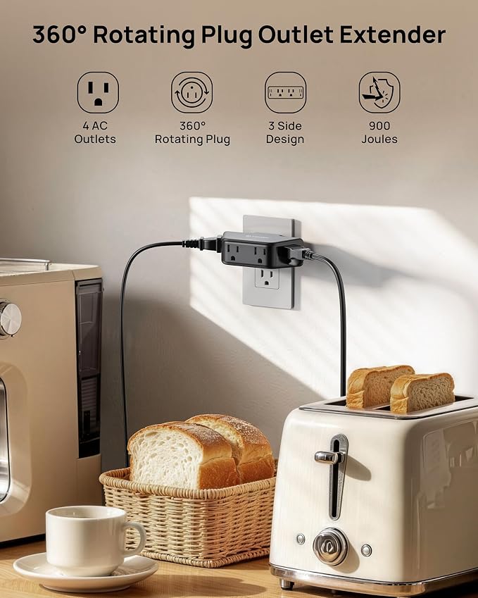 TROND Black 360 Rotating Plug Outlet Extender, Space-Saving Outlet Splitter | Plug Adapter with 4 Grounded Socket, 3 Way Angled Design, 900J Surge Protection, for Bathroom Kitchen Office Bedroom