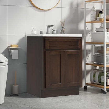 HomeBeyond 24 Inch Bathroom Vanity Base Only, Single Vanity Cabinet with Double Soft Closing Door, Composable Floor Mount Cabinets Without Top, Rustic Brown