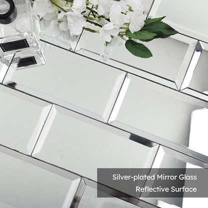Peel and Stick Mirror Backsplash, Silver, 4x8 Inch, Beveled Mirror Subway Kitchen Bar Wall Tile (5.8 Sq.ft, 26 Pcs)
