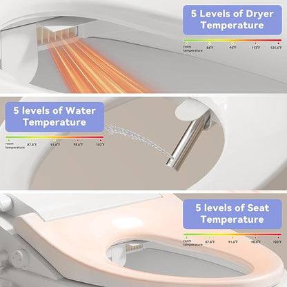 Heated Smart Toilet Seat with Feminine Wash & Dryer, Elongated Bidet with Adjustable Water Temperature, Pressure & Nozzle Position, Easy Installation & Soft-Close Lid for Modern Bathrooms