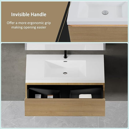 Wall Mounted Bathroom Sink Vanity, Modern 36" Floating Vanity with Resin Top Basin Sink and U-Shaped Soft-Close Storage Drawer, Striped Bathroom Storage Cabinet with Invisible Handle, Wood