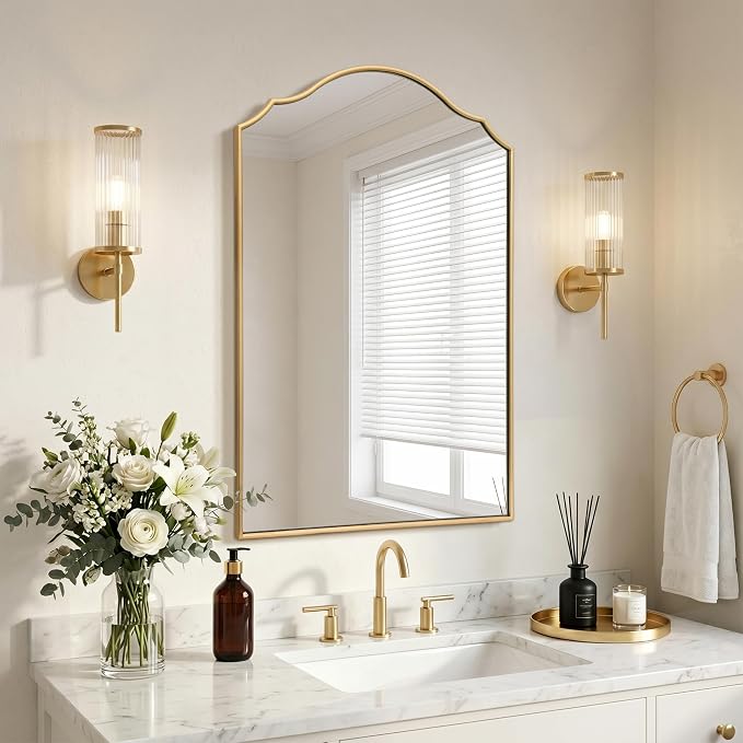 Besdomus Bathroom Mirrors for Over Sink: 24"x36" Gold Wooden Arched Mirror | Modern Minimalist Scalloped Decorative Wall for Vanity/Dresser/Mantel/Bedroom/Entryway/Hallway/Fireplace/Nightstand