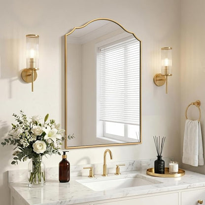 Besdomus Bathroom Mirrors for Over Sink: 24"x36" Gold Wooden Arched Mirror | Modern Minimalist Scalloped Decorative Wall for Vanity/Dresser/Mantel/Bedroom/Entryway/Hallway/Fireplace/Nightstand
