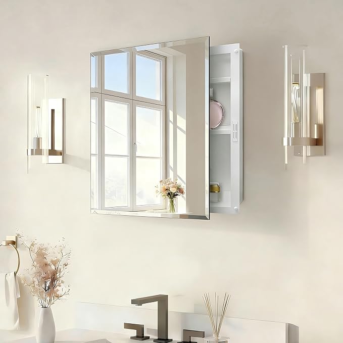 16x20 Plastic Medicine Cabinet with Mirror, Recessed or Surface Mount | 2 adjustable shelves, beveled mirror, soft-close reversible door, 95% assembled; cutout 13.8"W x 17.9"H x 3"D