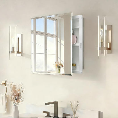 16x20 Plastic Medicine Cabinet with Mirror, Recessed or Surface Mount | 2 adjustable shelves, beveled mirror, soft-close reversible door, 95% assembled; cutout 13.8"W x 17.9"H x 3"D