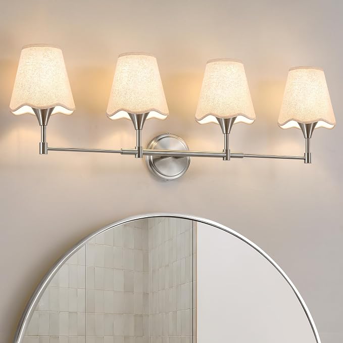 Brushed Nickel Bathroom Vanity Light: 4 Light Vanity Lighting Fixtures with Flared Fabric Shade, Modern Bathroom Lighting Fixtures over Mirror, Wall Sconce Lights for Bedroom Hallway Living Room