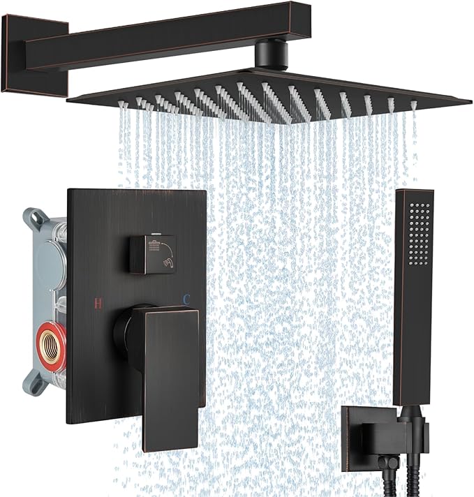 Midanya Shower Faucet Set,Wall Mount Shower System with Square Rain Shower Head and Hand Sprayer, Rough-in Valve Body and Trim Kit Included,10 Inch,Oil Rubbed Bronze