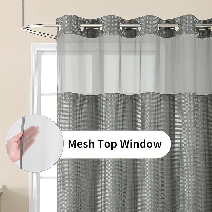 Colorful Star Waffle Weave No Hook Shower Curtain Set, 72 x 81 Inch, Grey | Heavy Duty Thick Shower Curtain Sets with Snap in Fabric Liner and Mesh Top Window, Hotel Style Waterproof Bathroom Curtain