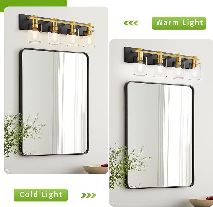 4-Light 30inch Black and Gold Vanity Light, Thickened Clear Glass | Over Mirror for Bathroom, Rust Resistant, E26 Base, Easy Install, Removable Glass Shade Horizontal Mount, Dimmable