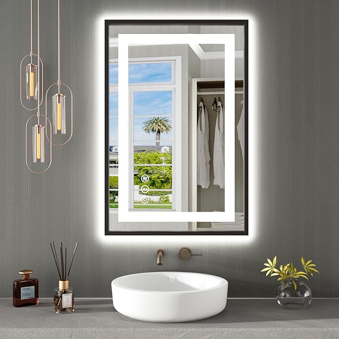 24"X36" LED Bathroom Mirror with Black Frame, Front Lit and Backlit | Metal Framed Mirror, Stepless Dimmable, HD Reflection, Anti-Fog, Shatter-Proof, Memory, 3 Colors Lighting, UL Listed.