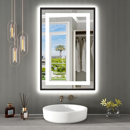 24"X36" LED Bathroom Mirror with Black Frame, Front Lit and Backlit | Metal Framed Mirror, Stepless Dimmable, HD Reflection, Anti-Fog, Shatter-Proof, Memory, 3 Colors Lighting, UL Listed.