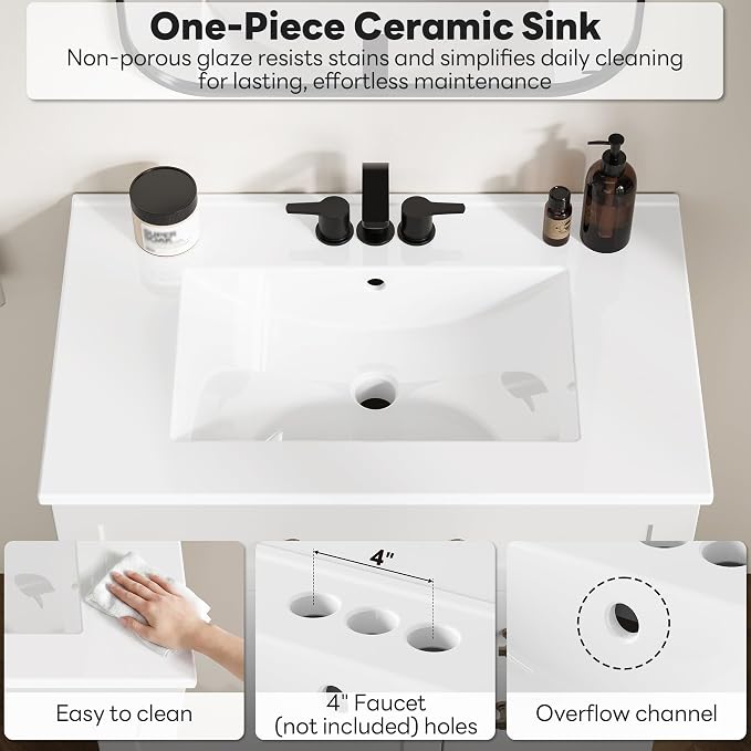 LIKIMIO 30" Bathroom Vanity with Sink, U-Shaped Drawer & 2 Drawers, 1 Door | Freestanding Bathroom Vanity, Integrated Ceramic Sink, Soft-Close Doors & Drawer, Modern Bathroom Cabinet, Assembly Required