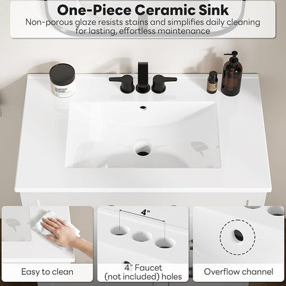 LIKIMIO 30" Bathroom Vanity with Sink, U-Shaped Drawer & 2 Drawers, 1 Door | Freestanding Bathroom Vanity, Integrated Ceramic Sink, Soft-Close Doors & Drawer, Modern Bathroom Cabinet, Assembly Required