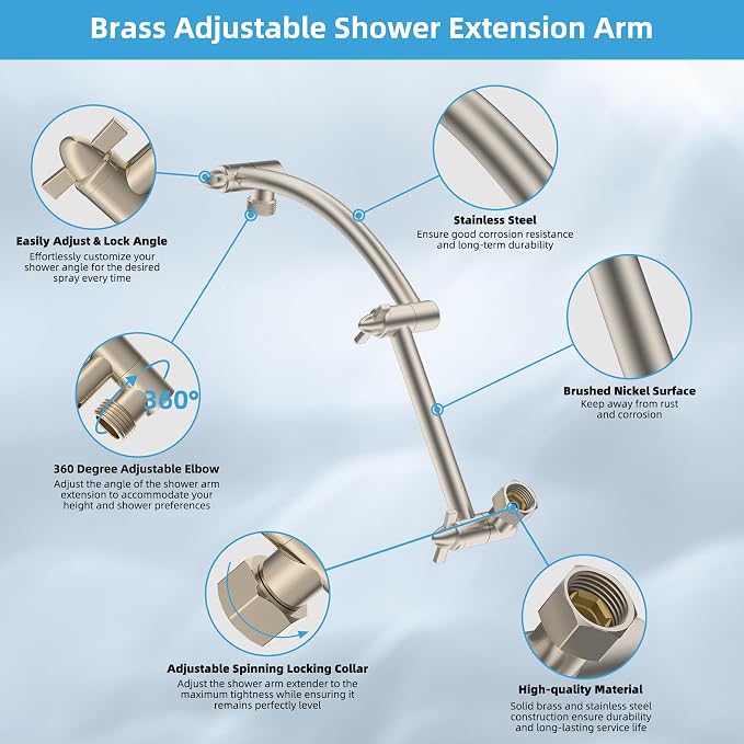 Hibbent All Metal 12'' Rain Shower Head, 16'' Extension Arm, Brushed Nickel | cUPC Certified High Pressure Rainfall Showerhead with Solid Brass Adjustable Shower Head Extension Arm, Fixed Showerheads
