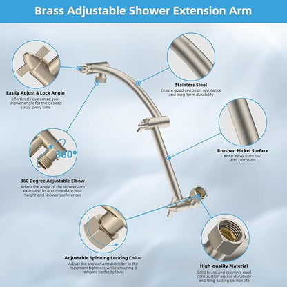 Hibbent All Metal 12'' Rain Shower Head, 16'' Extension Arm, Brushed Nickel | cUPC Certified High Pressure Rainfall Showerhead with Solid Brass Adjustable Shower Head Extension Arm, Fixed Showerheads