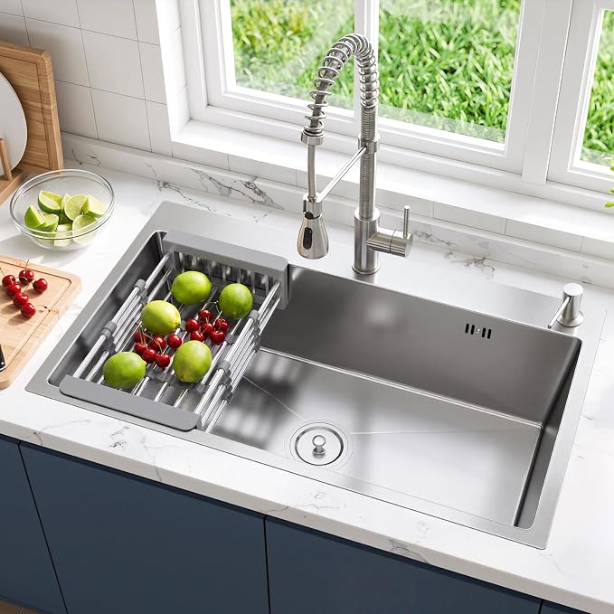 30" x 18" x 9" Topmount Kitchen Sink, 304 Stainless Steel Drop in Single Bowl Sink with Basket Strainer for RV, Travel Trailer, Garage(Nano)