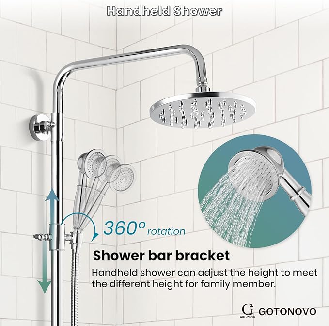 gotonovo Exposed Shower Faucet Set 8 Inch Rainfall Showerhead 3-Function Shower Fixture with Tub Spout 2 Corss Handles Shower System, Polish Chrome