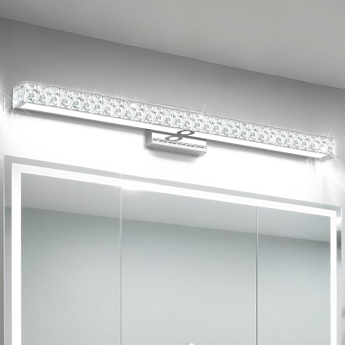SOLFART LED Modern Bathroom Vanity Lights Over Mirror, Crystal Bathroom Light Fixtures, 40 Inch LED Chrome Vanity Light Wall Light